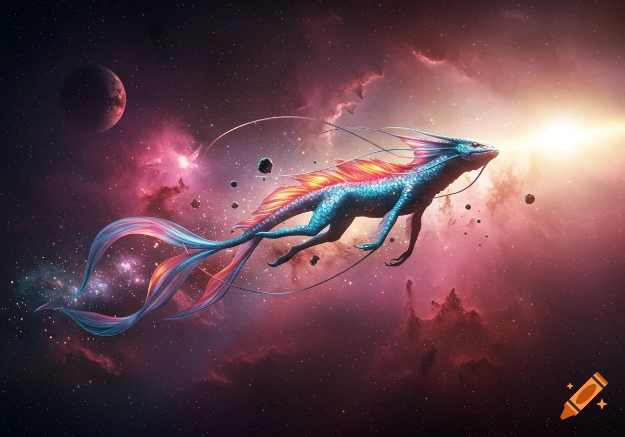 A vibrant, glowing blue and red reptilian creature with fins and a long tail floats through a purple and pink nebula in space.