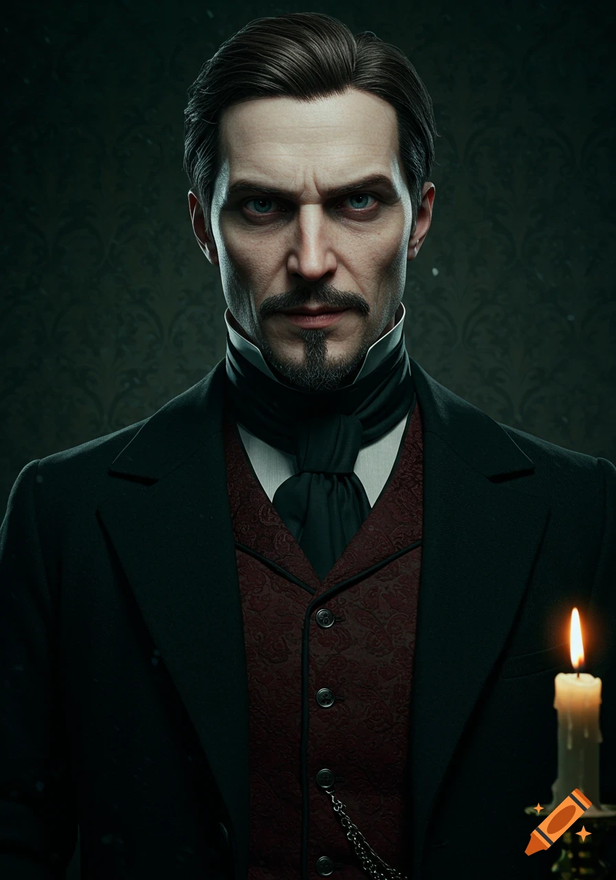 A photorealistic portrait of a serious Victorian man with a mustache and goatee, dressed in a black suit and a dark red vest, holding a lit candle.
