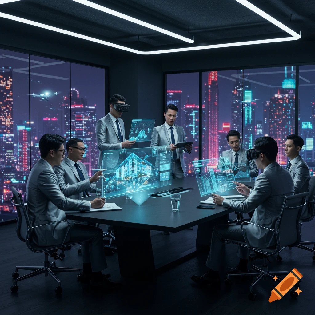 Men in suits use holographic screens and VR headsets in a futuristic conference room overlooking a city skyline at night.