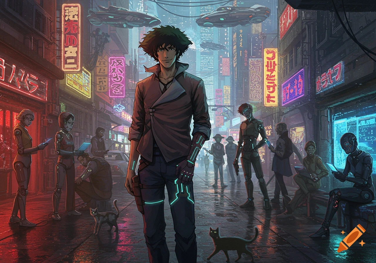 An anime-style character resembling Spike from Cowboy Bebop stands in a futuristic, neon-lit cyberpunk city street with robots and flying vehicles.