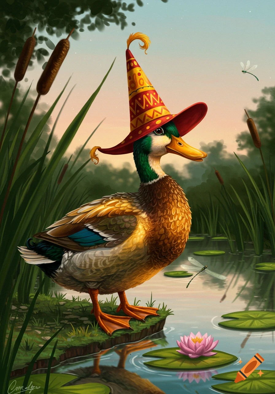 A mallard duck wearing a red and yellow patterned cone hat stands by a pond with lily pads and cattails in an illustrative style.