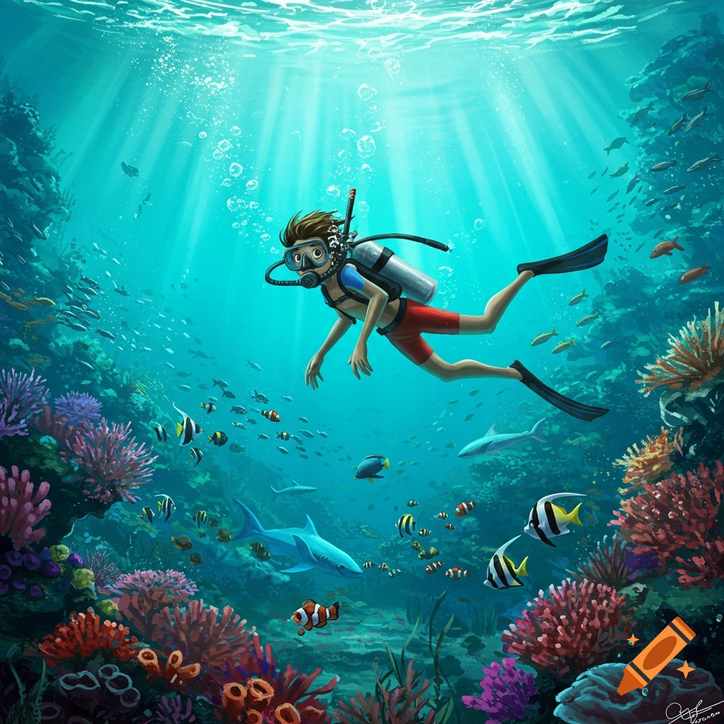 A young person in scuba gear swims underwater amidst vibrant coral reefs and various fish, with sunlight filtering from above.
