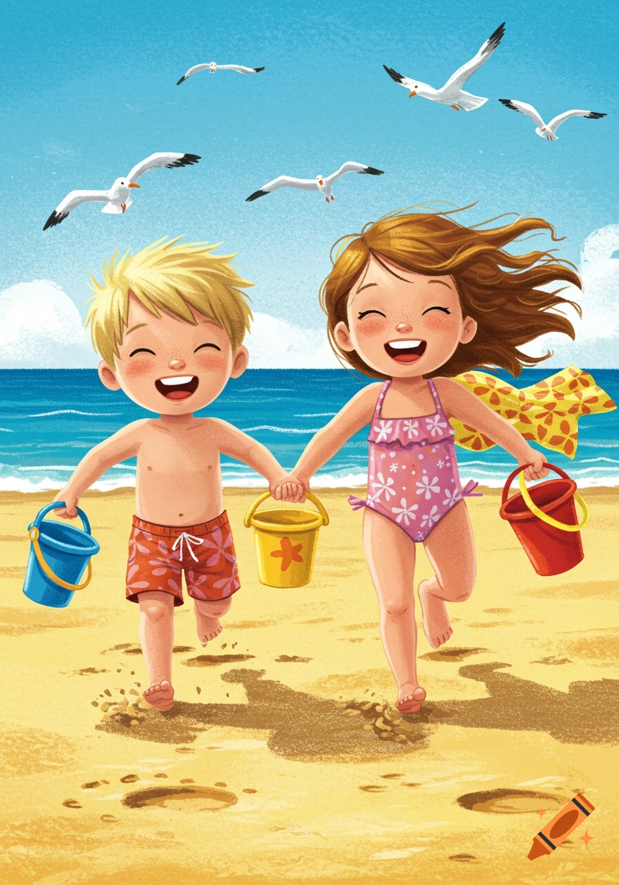 A cheerful children's book illustration of a boy and a girl running on a sandy beach, holding buckets.