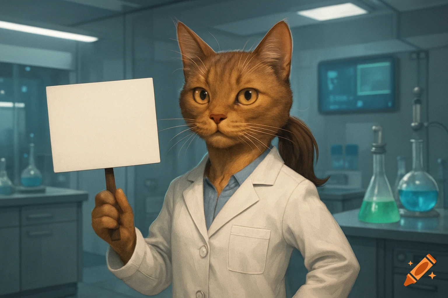 A photorealistic cat wearing a lab coat holds a blank sign in a laboratory.