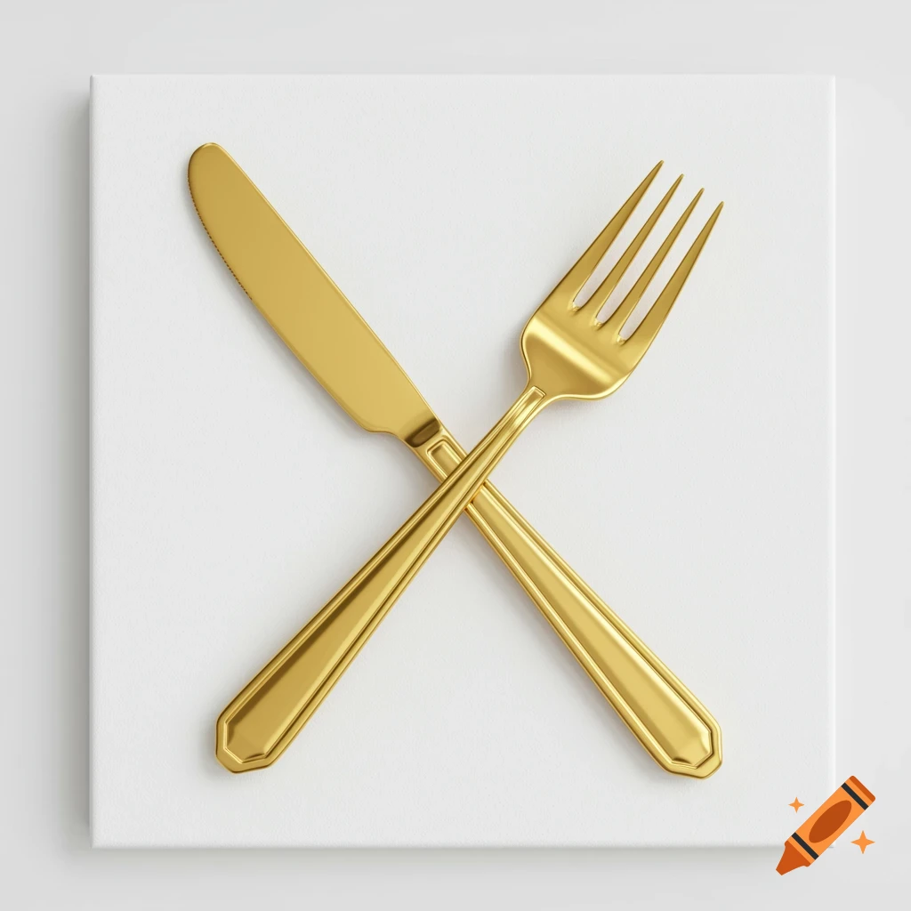 A gold knife and fork crossed on a white background, rendered photorealistically.