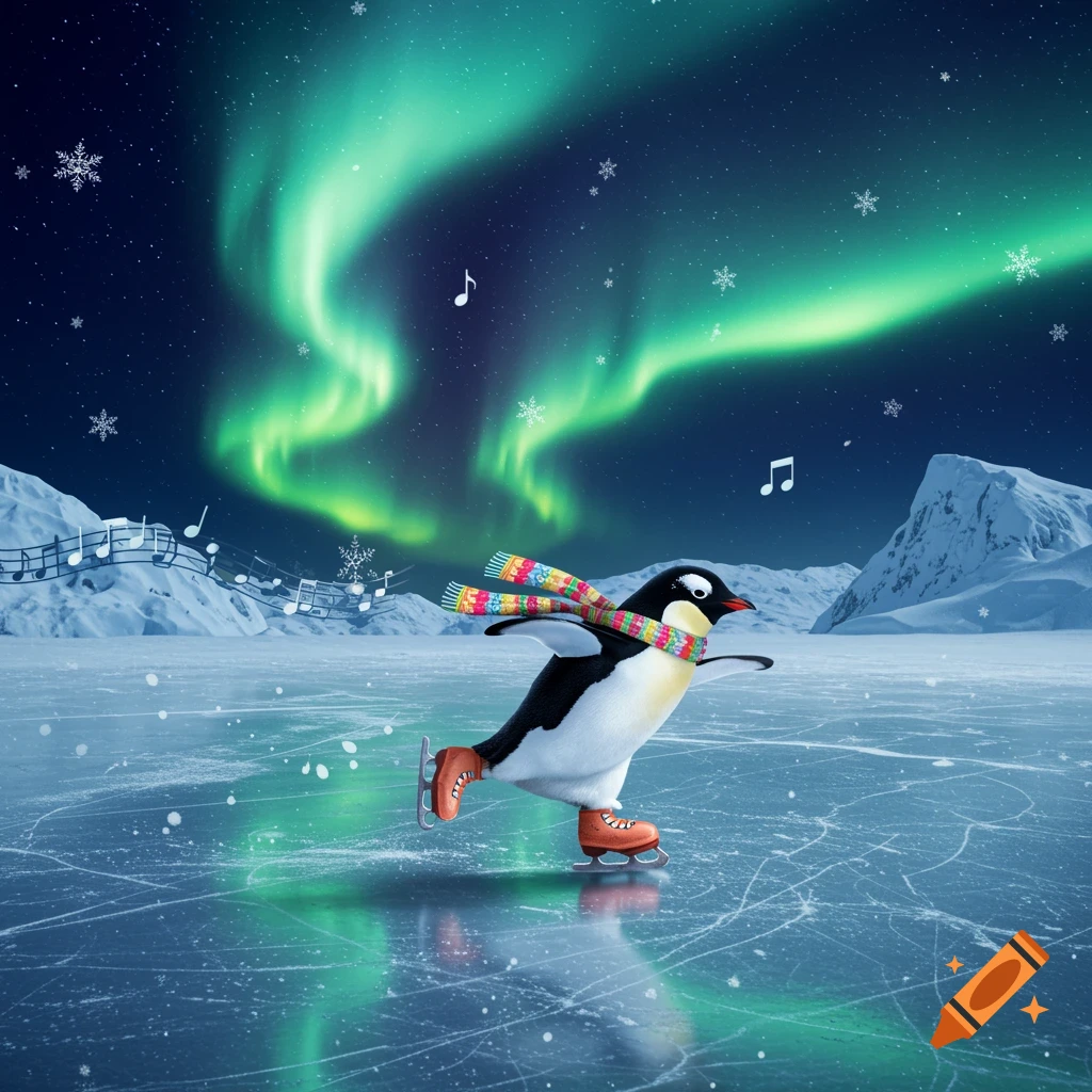 A whimsical penguin in a colorful scarf ice skates on a frozen lake under the green aurora borealis.