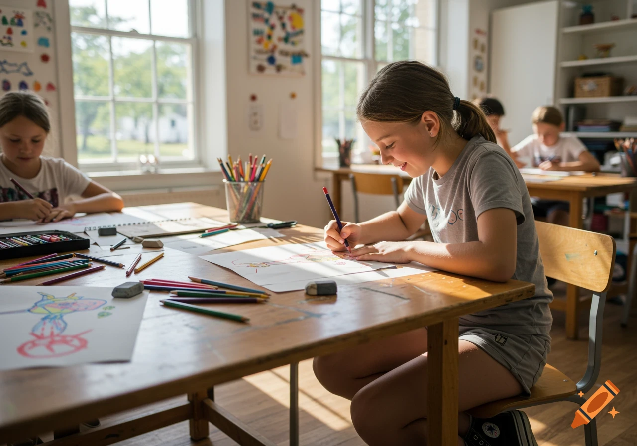 A girl in a grey t-shirt draws on paper with colored pencils in a sunny classroom with other children.