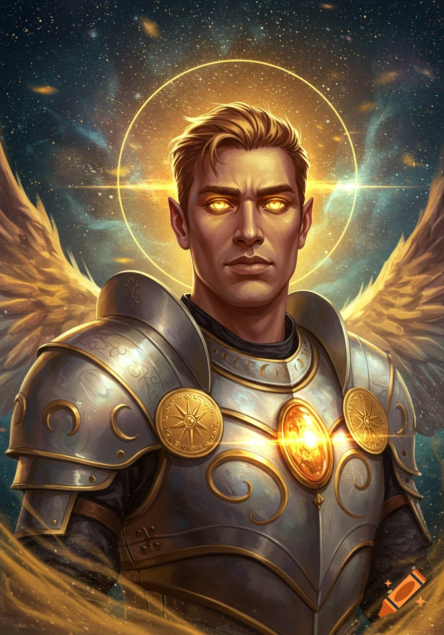 A male celestial warrior in shining armor with golden wings and glowing eyes, halo, against a starry sky.