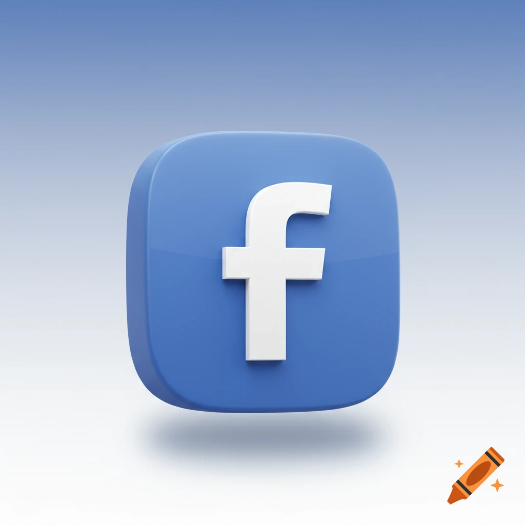 A three-dimensional Facebook icon, a white lowercase 'f' on a blue rounded square, floating against a blue gradient background.