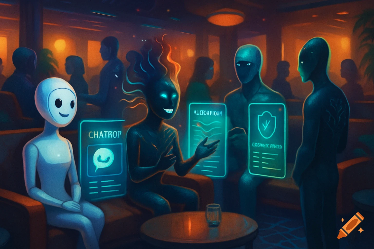 Stylized robots and alien-like figures in a dimly lit, futuristic lounge, interacting and holding glowing holographic screens. Digital painting.