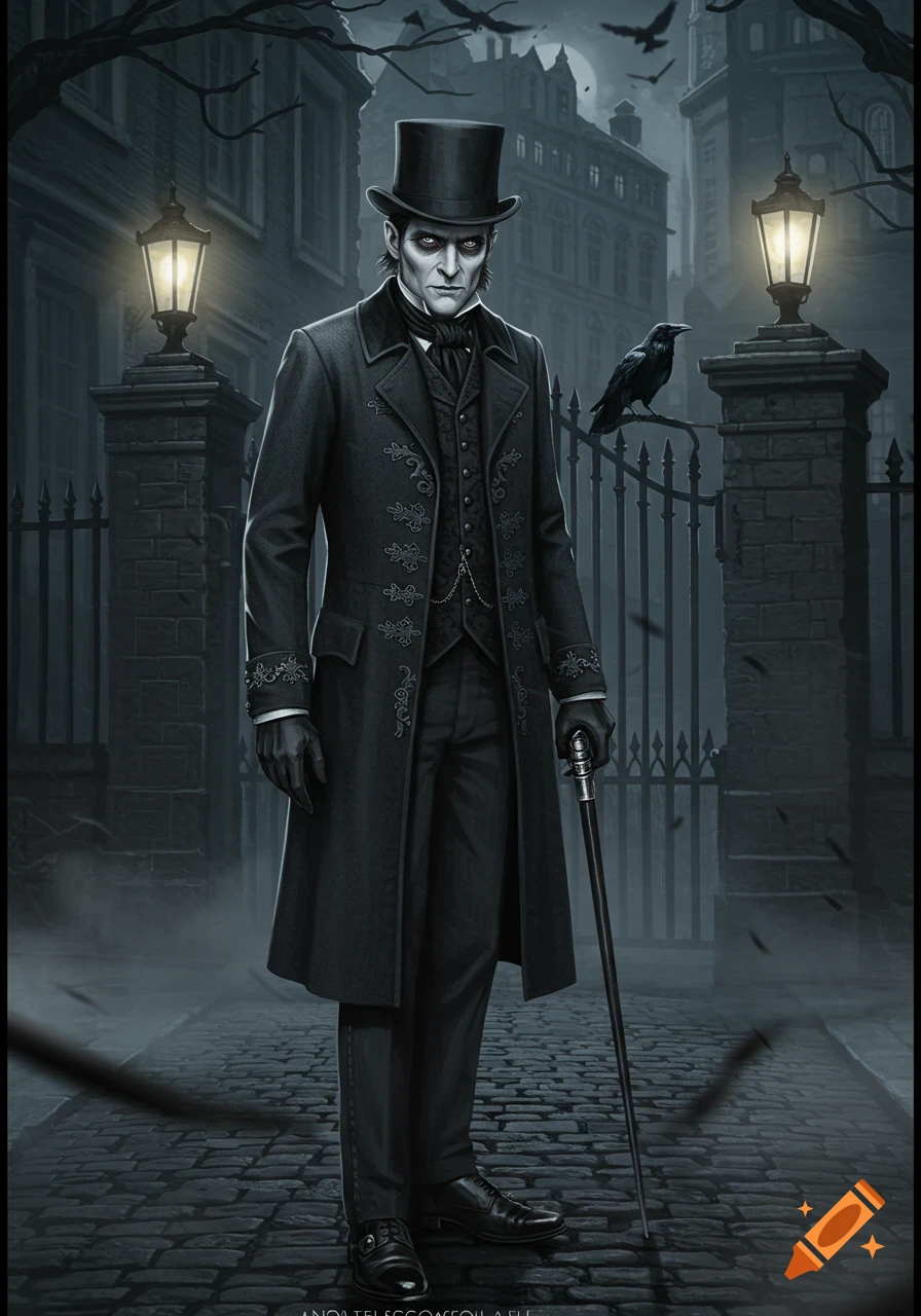 A menacing Victorian man with glowing red eyes and a top hat stands with a cane in a dark, gothic street scene with a raven perched on a gate.