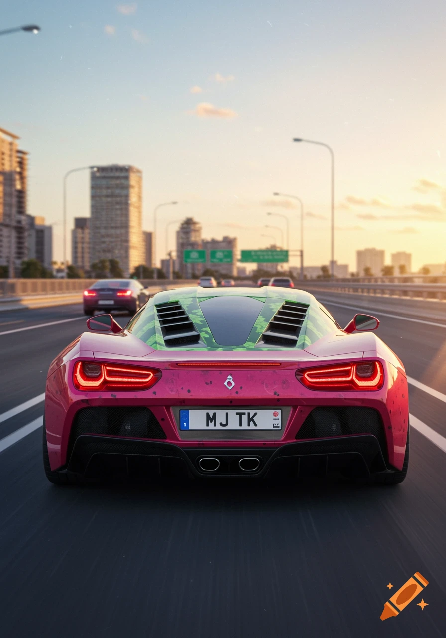 A pink supercar with green accents and a 'MJ TK' license plate drives on a highway at sunset, with city buildings in the background.