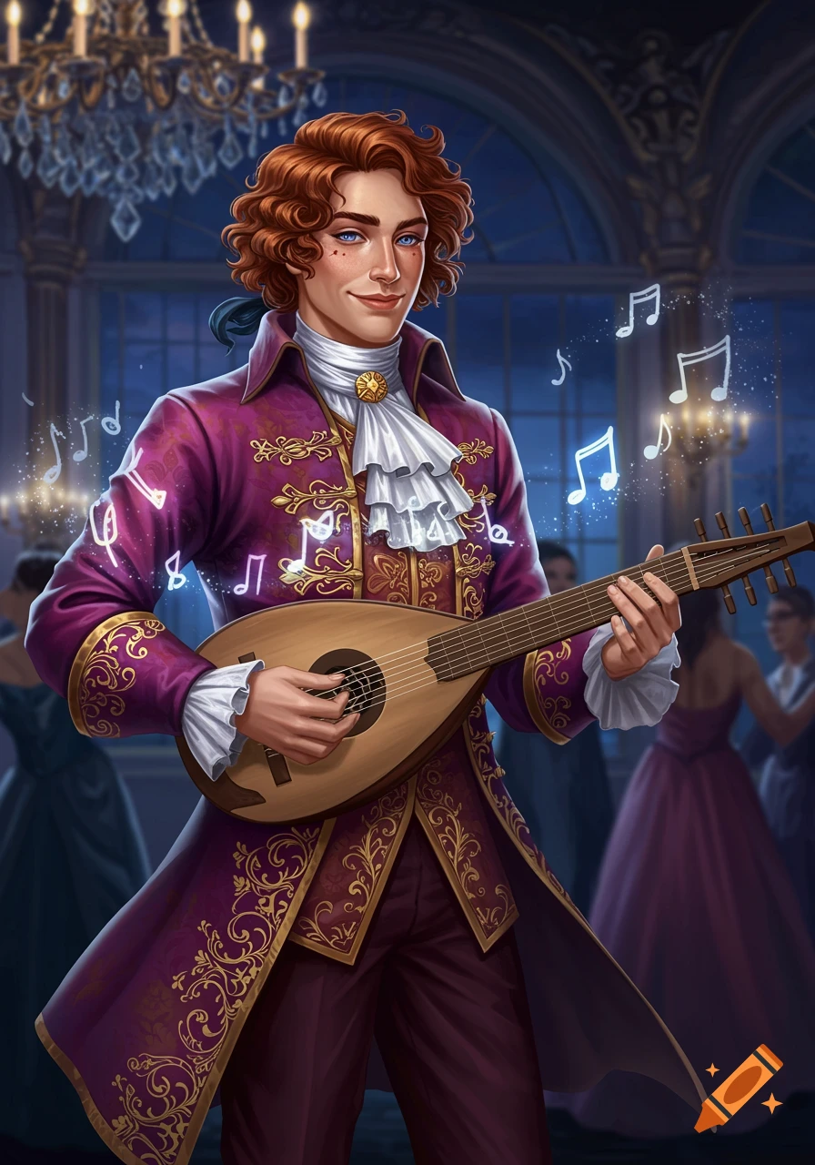 A flamboyant man with curly red hair and a purple velvet coat plays a lute in a grand ballroom, with musical notes floating around him.