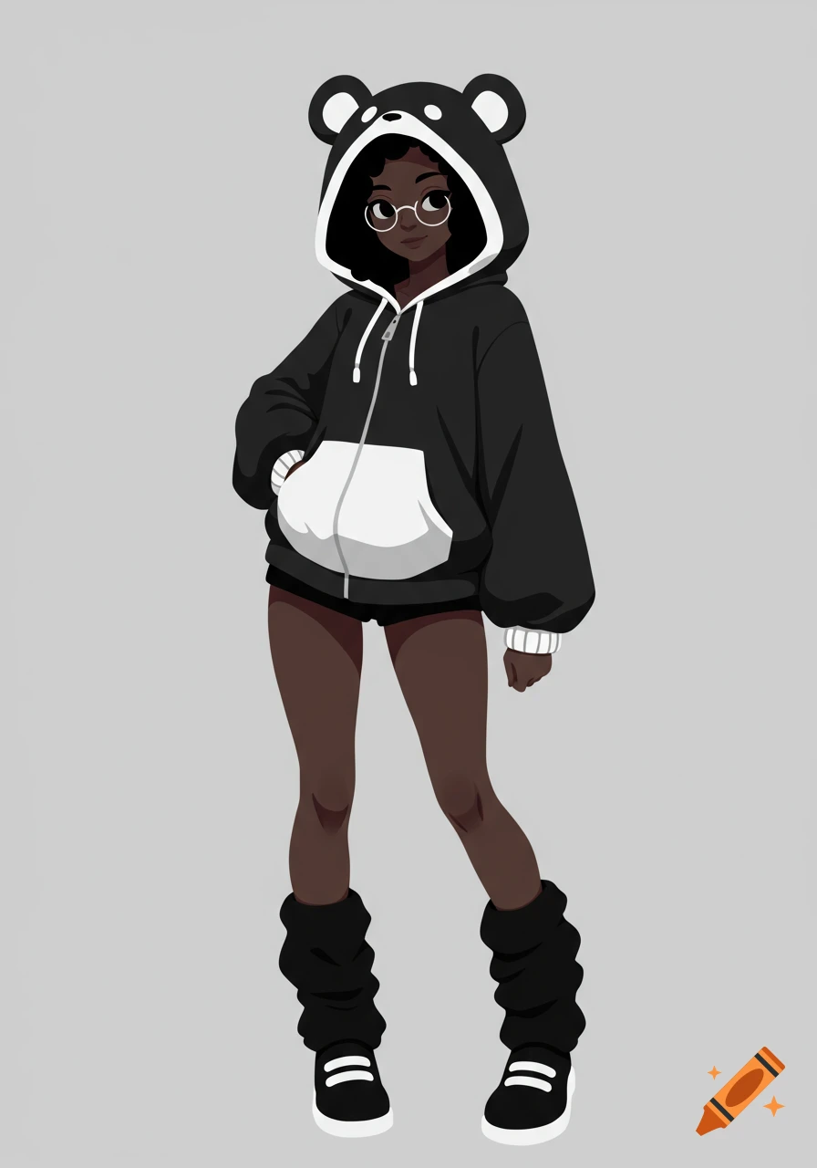 An anime drawing of a Black woman with dark skin and curly hair, wearing round glasses, a black bear-eared hoodie, black shorts, and black leg warmers with black and white sneakers. She stands against a gray background.