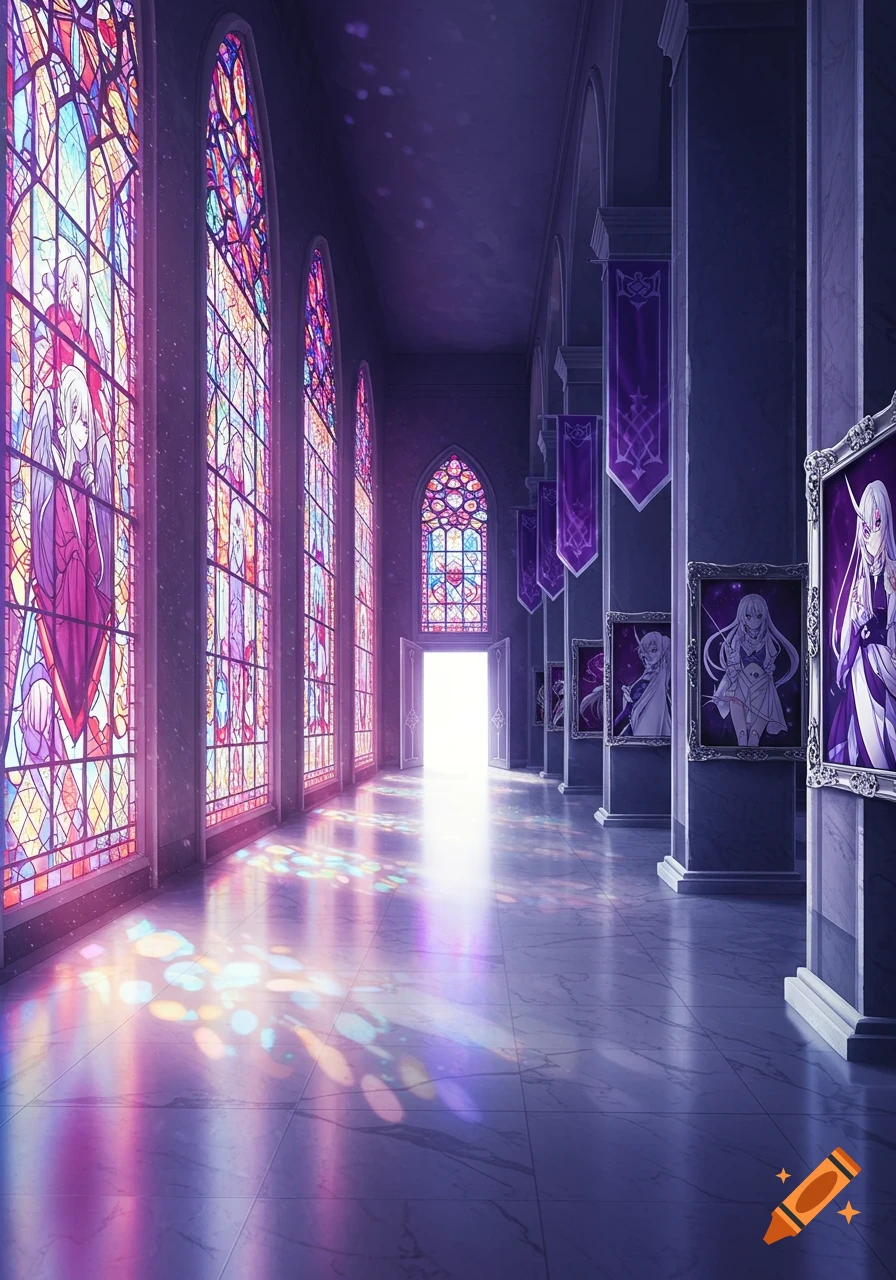 Anime style hallway with colorful stained glass windows, purple banners, and framed portraits of anime characters.