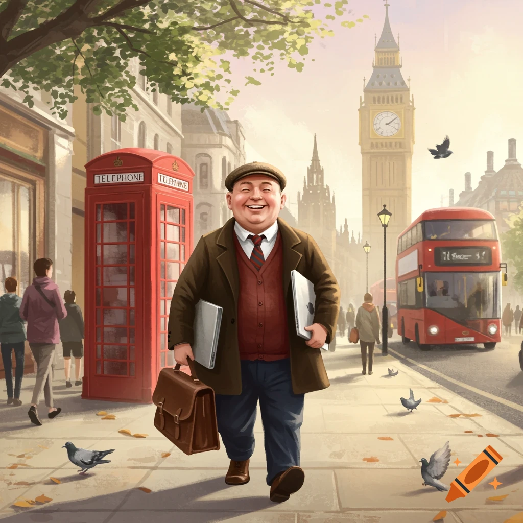 A happy man walks with laptops and a briefcase down a London street with a red phone booth, double-decker bus, and Big Ben in the background.