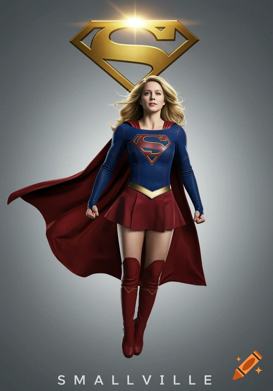 Photorealistic image of Supergirl in her blue and red costume with cape, floating against a gray background with the golden House of El symbol above her.
