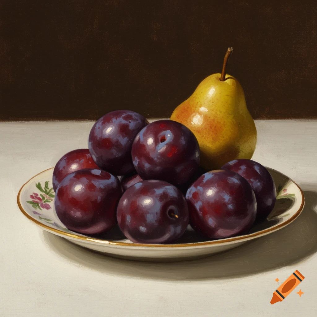 Still life painting featuring dark purple plums and a yellow pear on a white plate with a floral rim, against a dark background.
