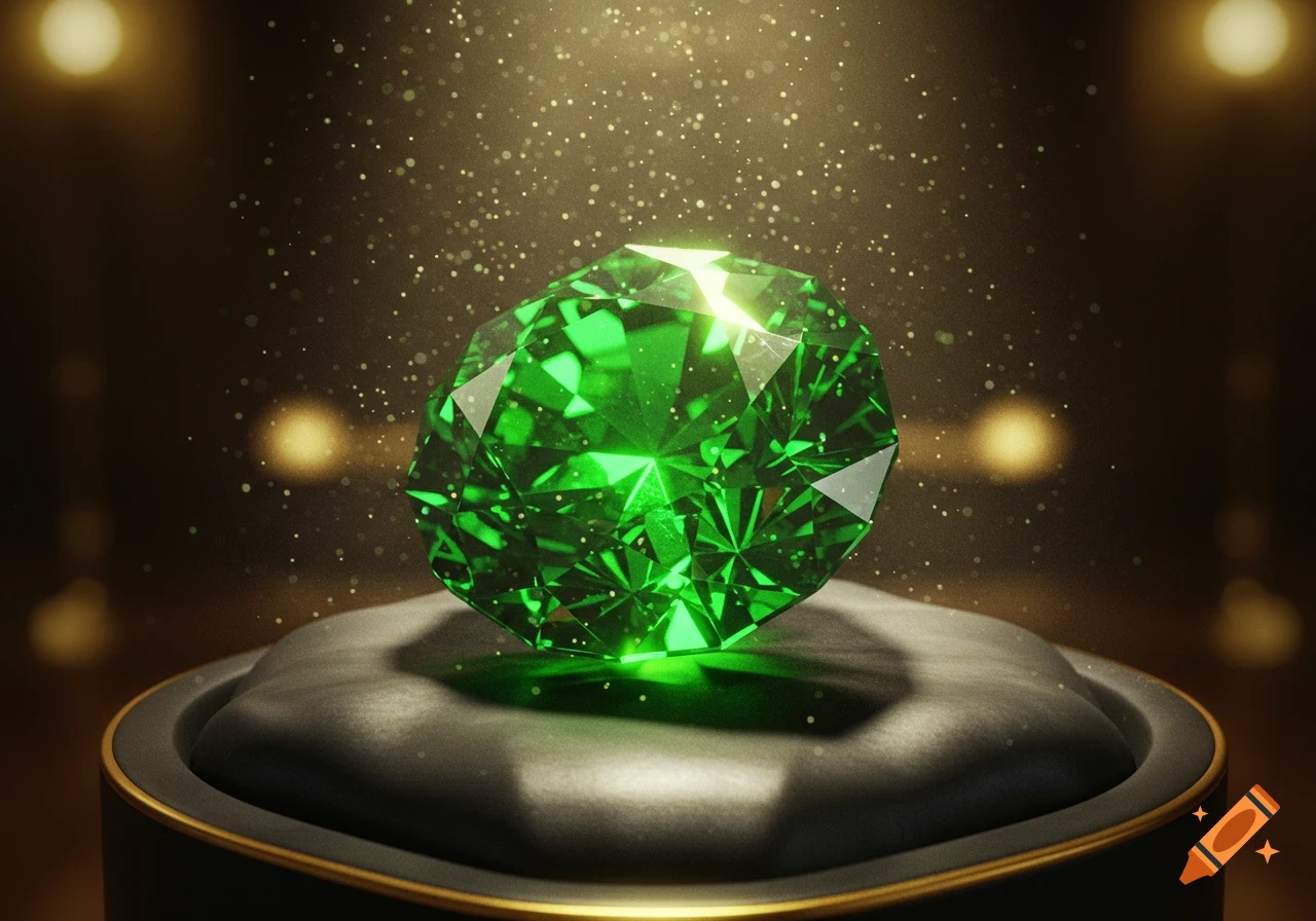 A vibrant, multifaceted emerald green gem radiates light on a dark velvet pedestal, surrounded by sparkling particles.