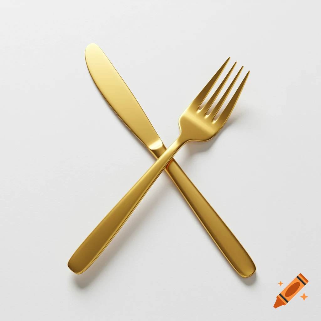 A gold knife and fork are crossed against a brilliant white background, creating a minimalist still life.