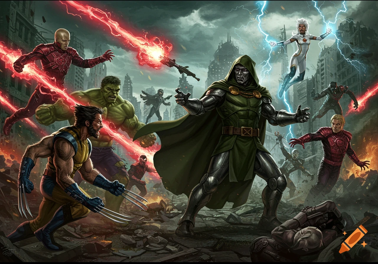A dynamic comic book illustration depicting a large battle scene with Marvel characters including Wolverine, Hulk, Doctor Doom, and Storm, fighting in a destroyed city.