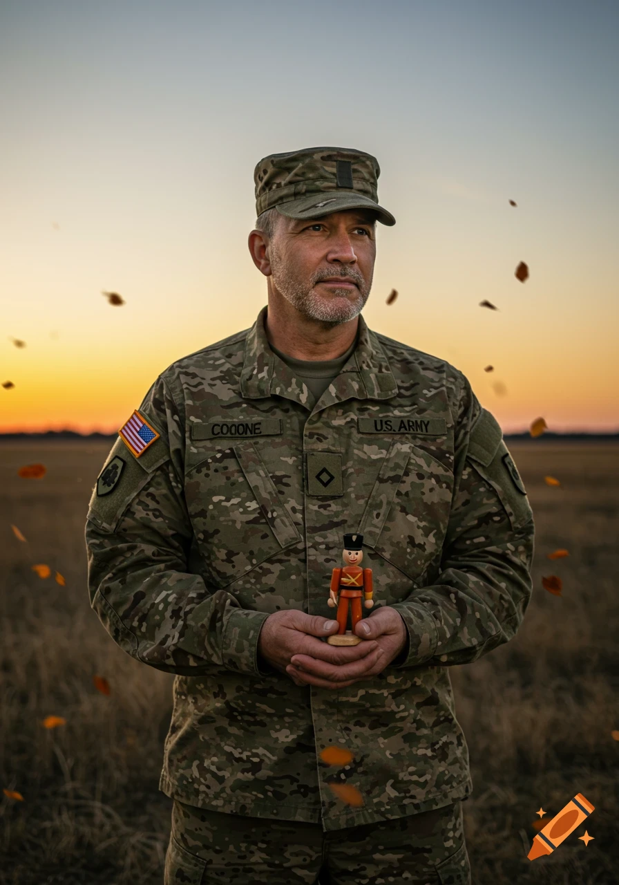 A male soldier in camouflage uniform holds a toy nutcracker in a field at sunset.