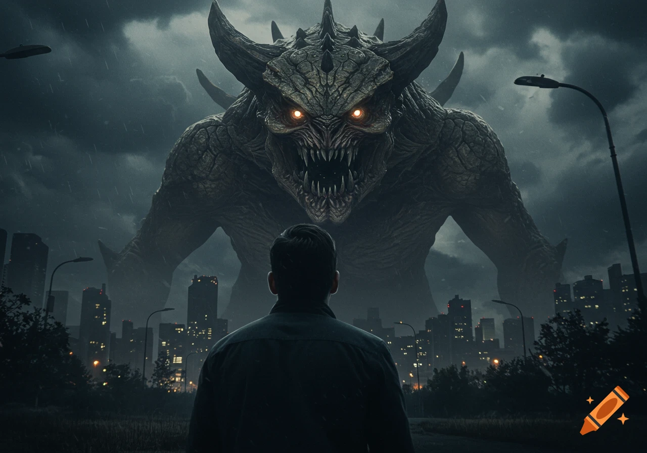 A man stands with his back to the viewer, looking up at a massive, horned monster looming over a dark city at night.