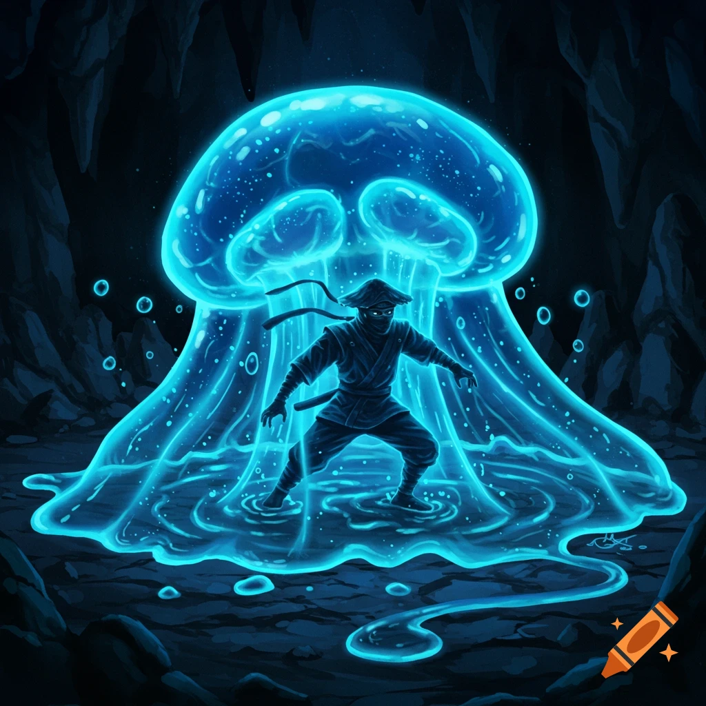 A ninja in a fighting stance, illuminated by a large, glowing blue jellyfish in a dark cave, in a digital painting style.