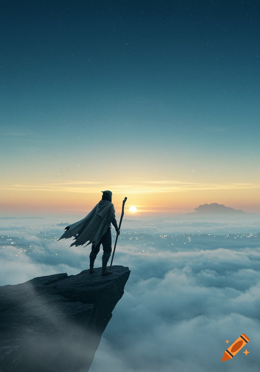 A robed figure with a staff stands on a cliff edge above clouds, looking at a sunrise over a distant city.