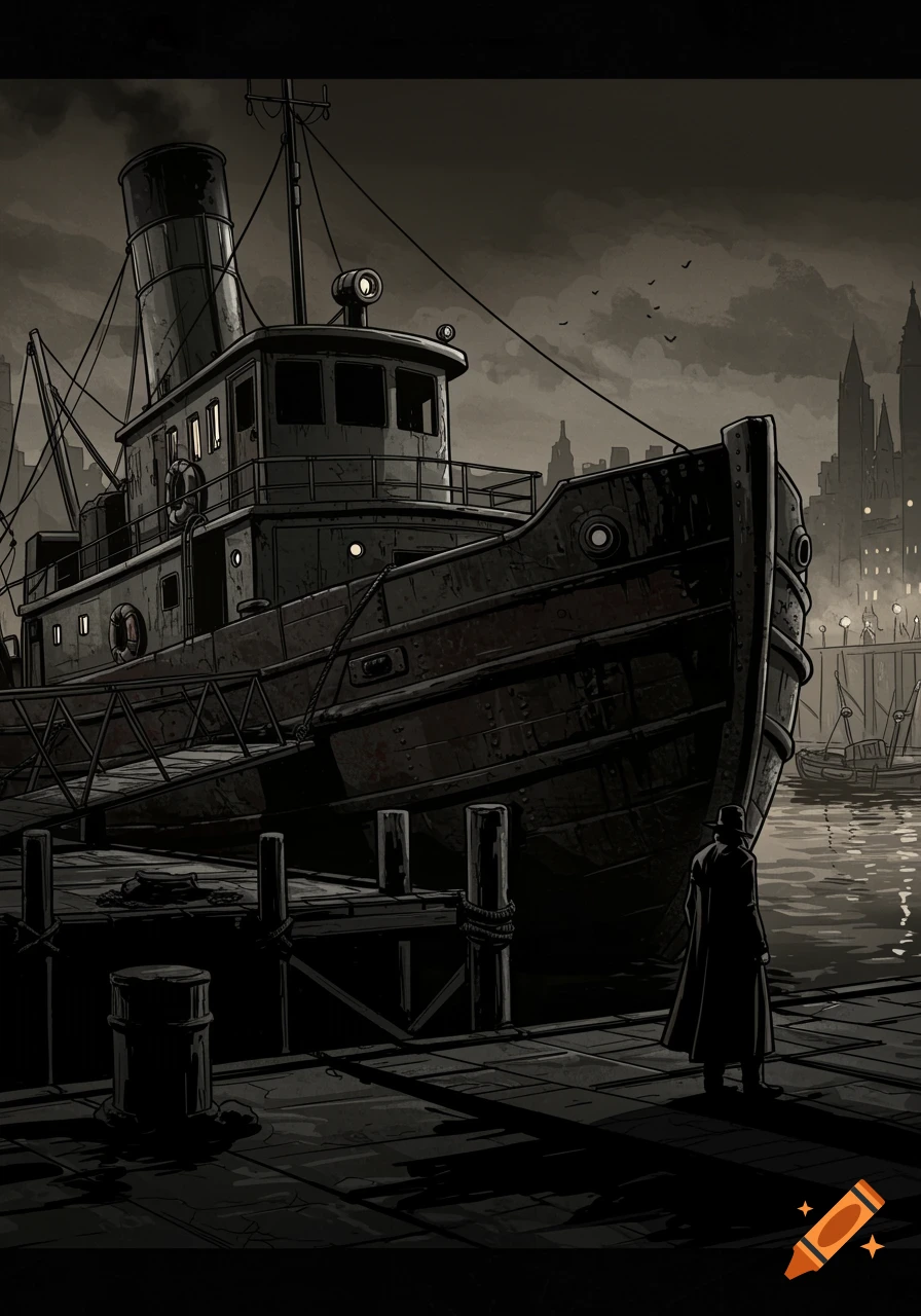 Gritty graphic novel illustration of a large, dark ship docked at a pier, a lone figure in a trench coat on the dock, with a distant city skyline under a cloudy sky.
