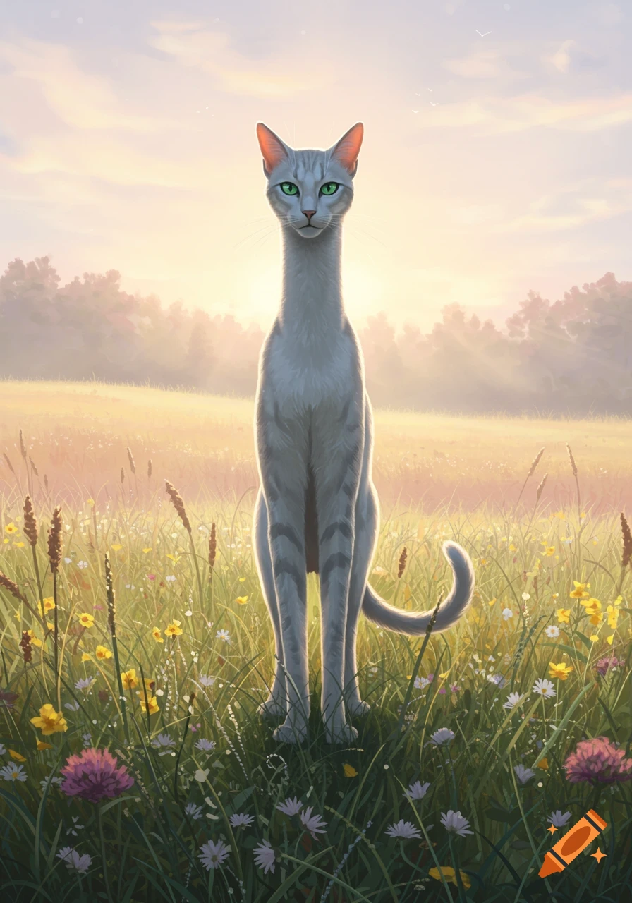 A tall, slender gray cat with striking green eyes stands in a sunlit field of wildflowers at dawn.