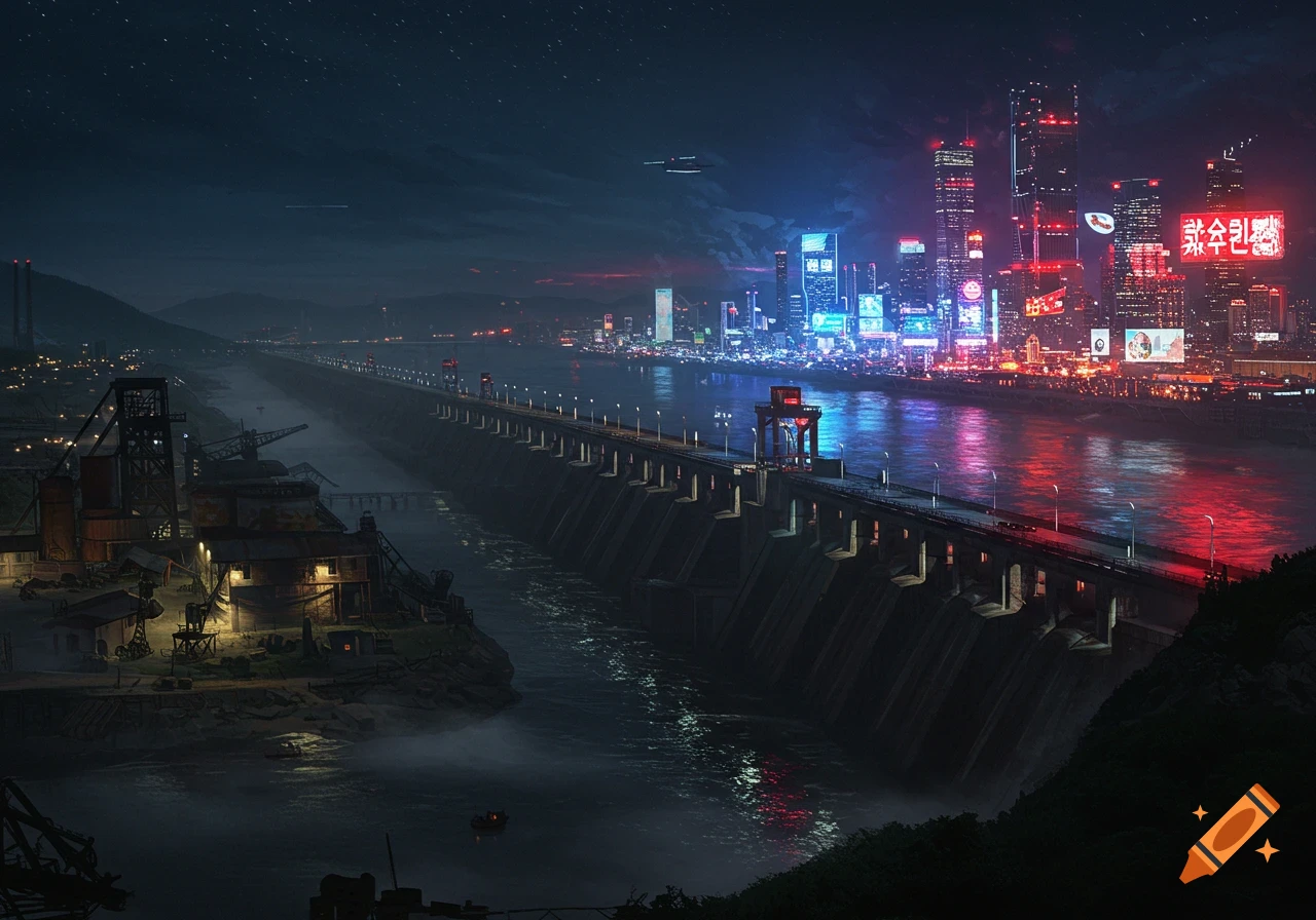 A cyberpunk city with neon lights beside a massive dam and a dark industrial mining town at night.