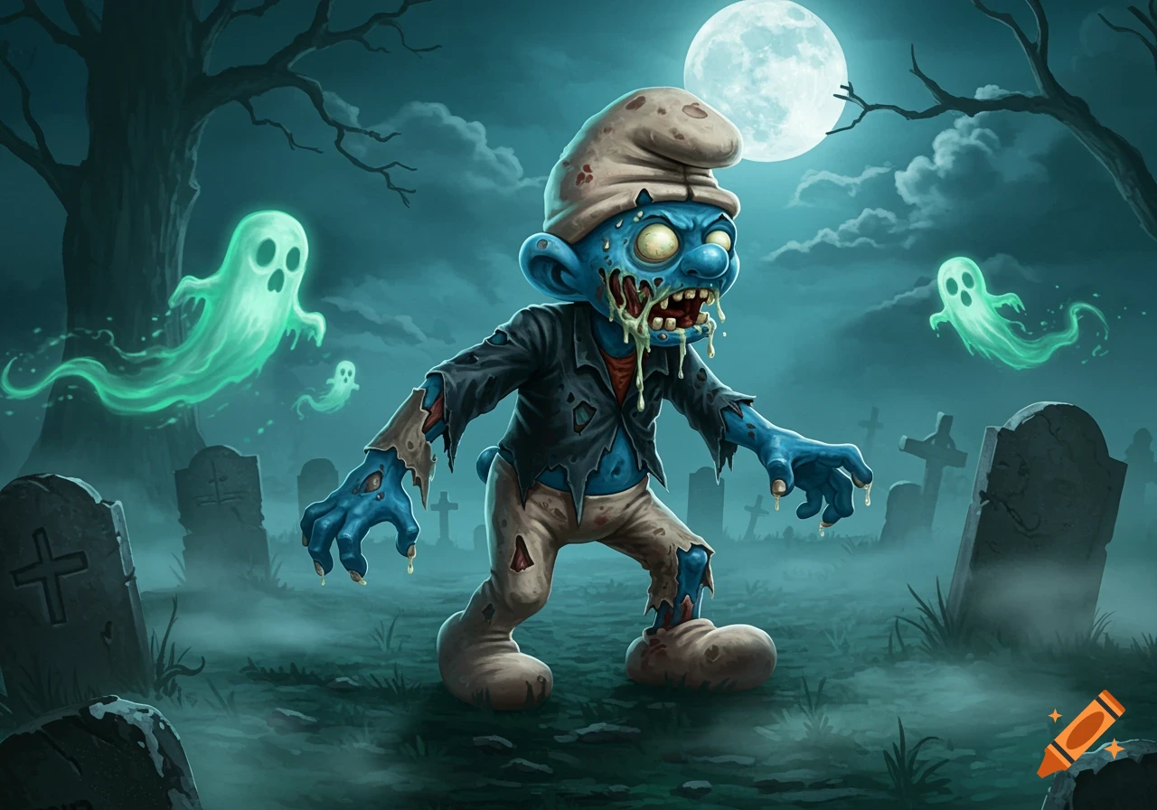Cartoon zombie Smurf with torn clothes and glowing eyes, standing in a foggy graveyard with ghosts under a full moon.