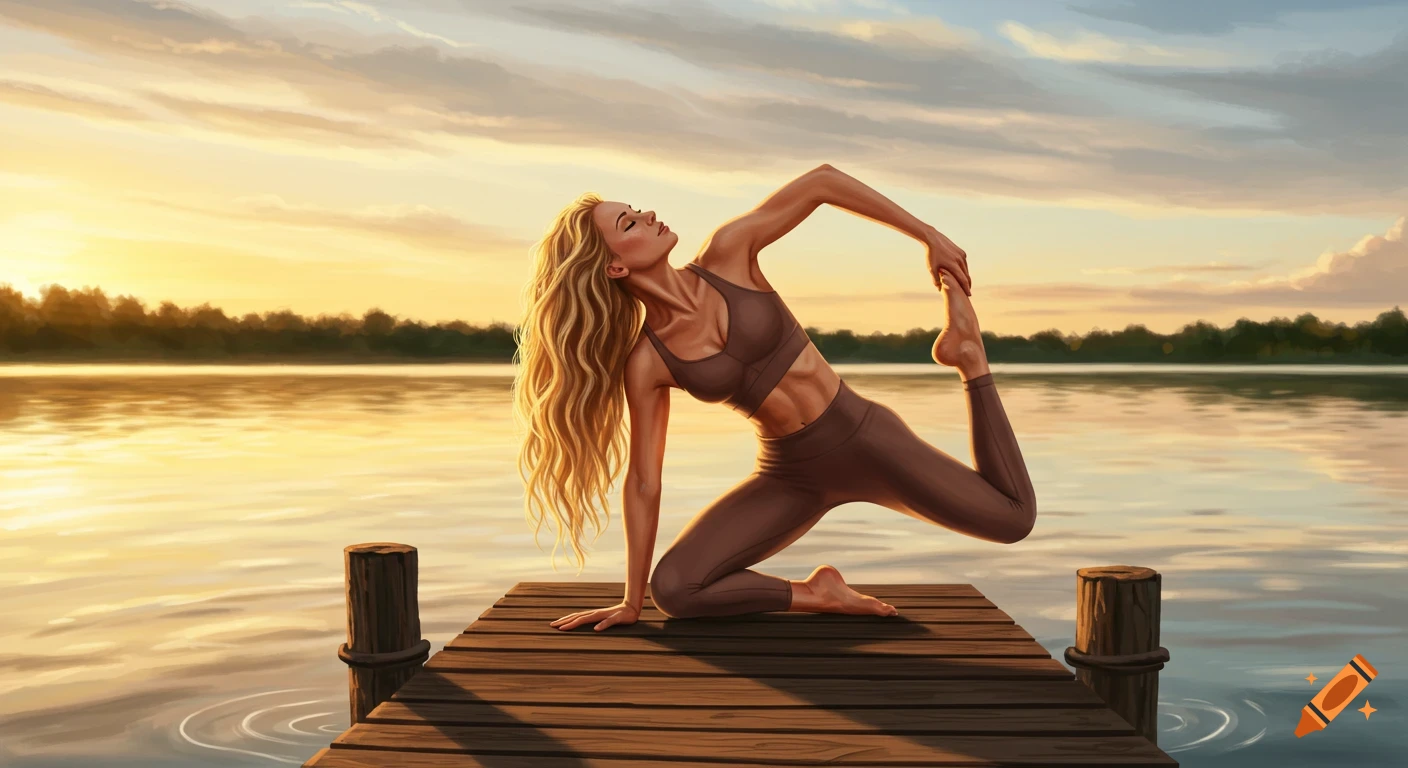 Digital illustration of a woman in a yoga pose on a wooden dock over a lake at golden hour.