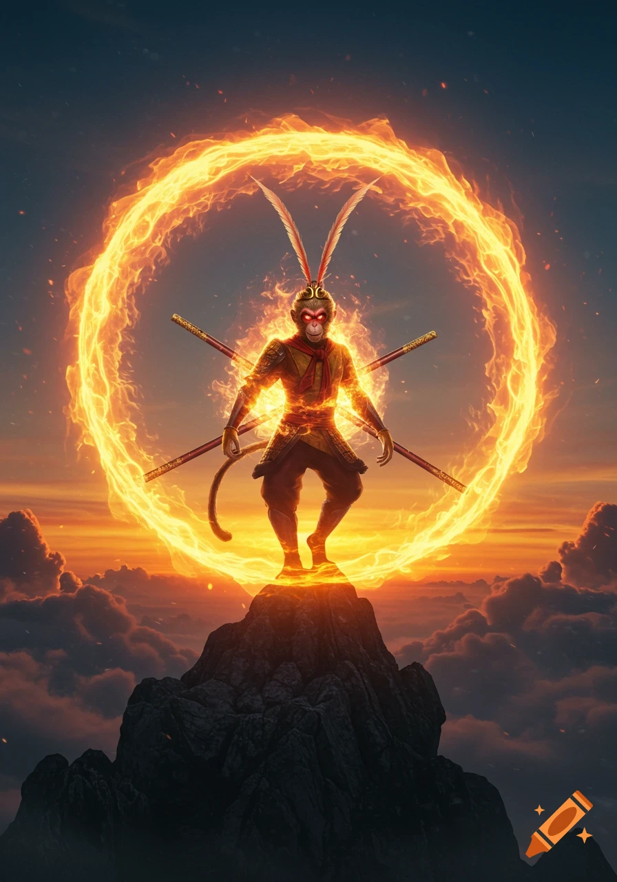 Sun Wukong with a flaming aura stands on a mountain peak at sunset, digital art.