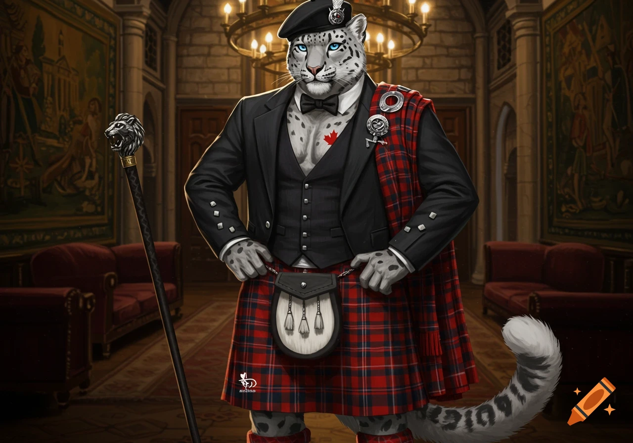 An anthropomorphic snow leopard in a Scottish kilt, vest, and jacket stands in a castle great room with a cane.