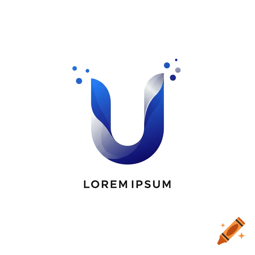 A modern logo with a stylized blue and silver letter U, featuring small blue dots, above the text 'LOREM IPSUM'.