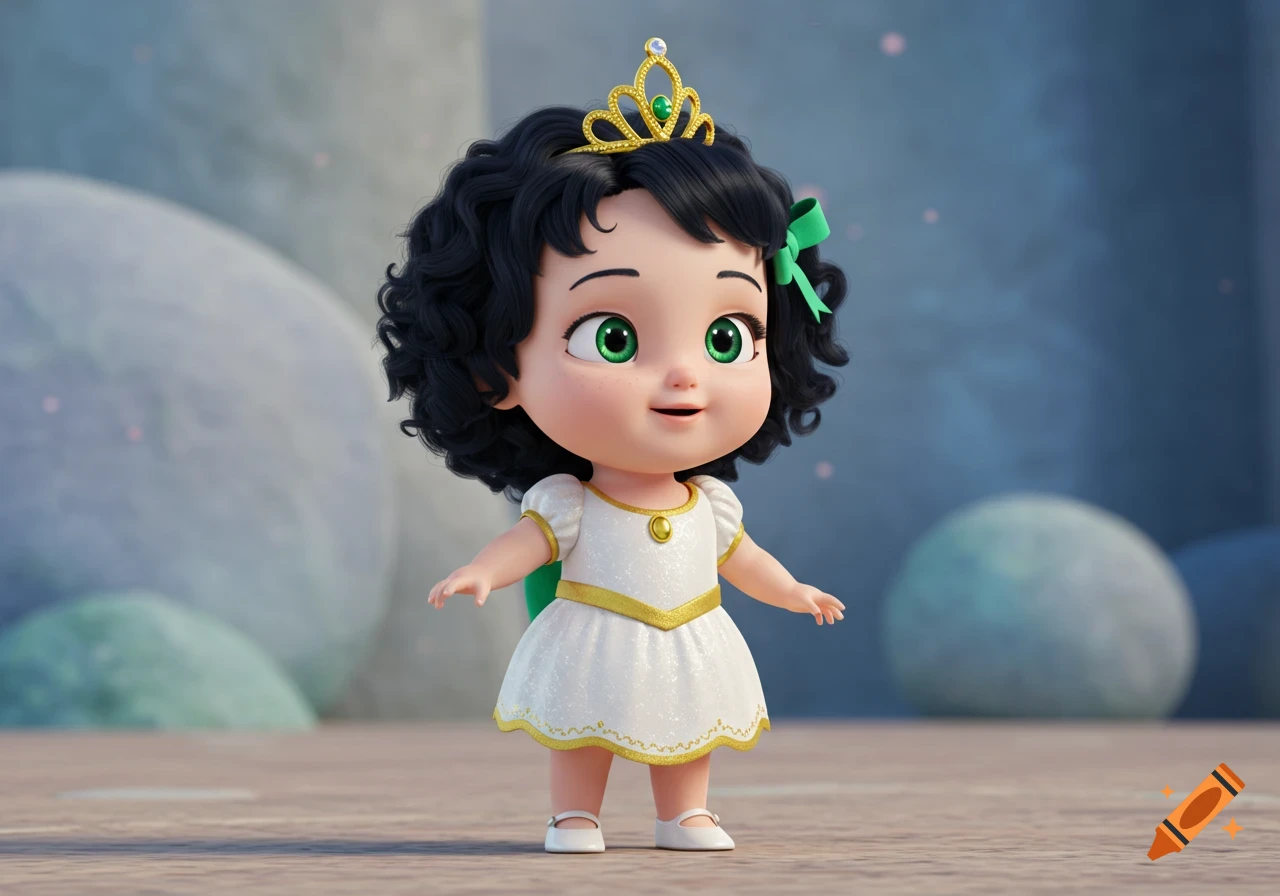 A cute 3D cartoon baby girl with black curly hair, green eyes, wearing a white and gold princess gown and a gold tiara, stands in a stylized setting.