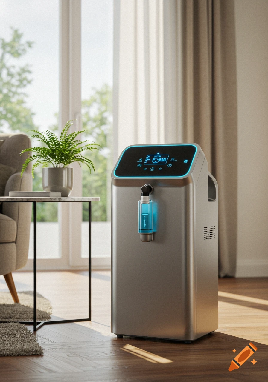 A modern grey stationary oxygen concentrator with a glowing blue screen and a clear blue liquid reservoir, in a bright living room next to a sofa and plant.