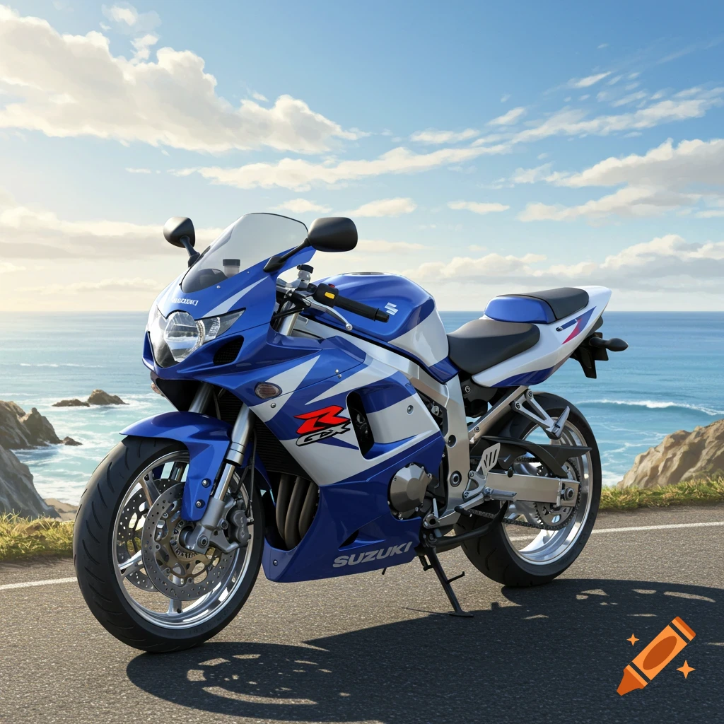 A blue and white Suzuki GSX-R sportbike parked on an asphalt road overlooking the ocean and rocky coastline under a blue sky.