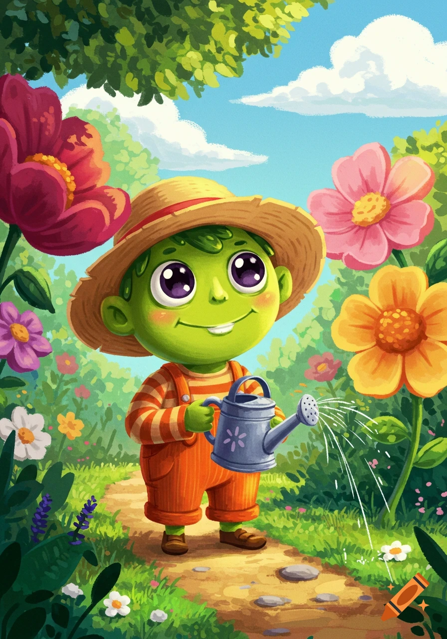 A cute green cartoon character in a straw hat and overalls waters flowers in a vibrant whimsical garden illustration.