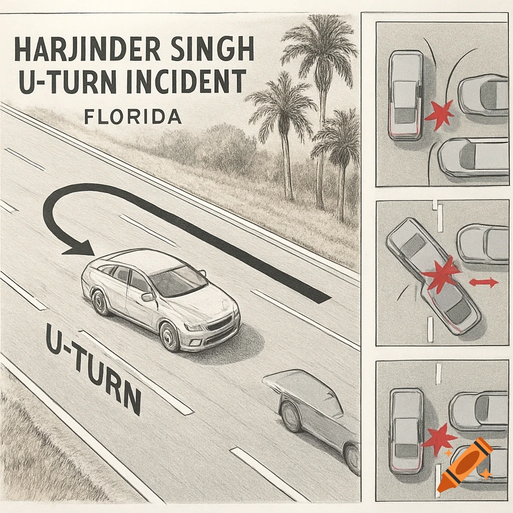 Diagram illustrating the 'Harjinder Singh U-turn incident in Florida' with a car making a U-turn and crash sequence panels.