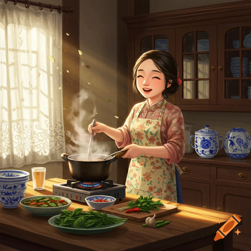 A cheerful animated Chinese woman in an apron stirring a pot on a stove in a sunlit kitchen, with vegetables on the counter.