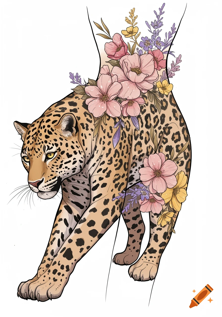 An illustration of a leopard with pink, yellow, and purple flowers growing on its back and hind leg, in a tattoo design style.