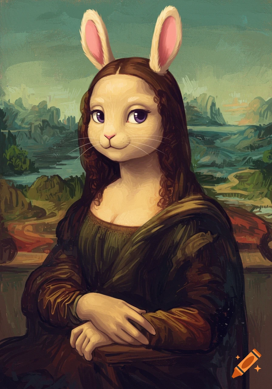 A whimsical painting depicting Mona Lisa with a rabbit's head and large pink-lined ears, wearing a green and brown gown, against a classical landscape background.