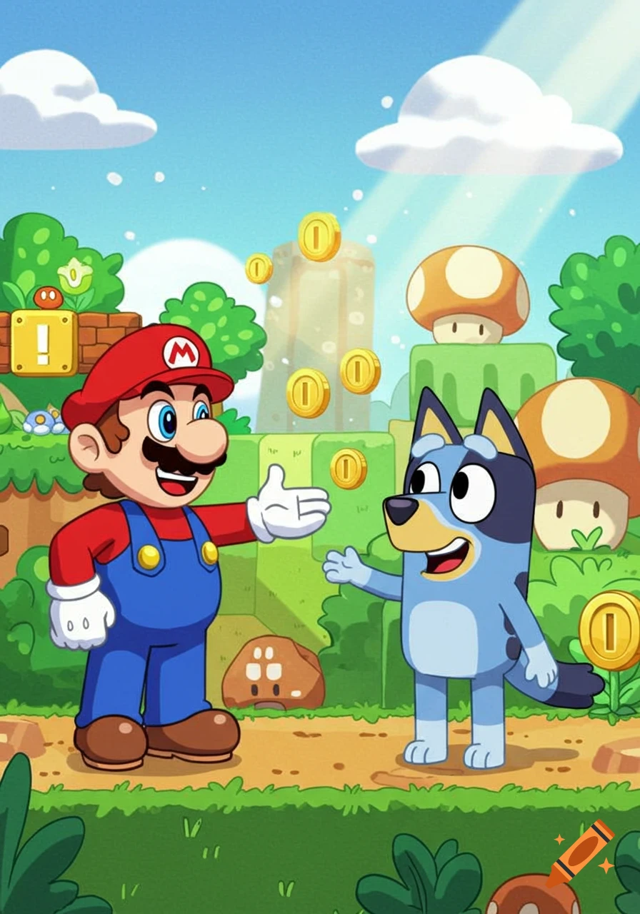 Cartoon of Mario and Bluey meeting in a Super Mario Bros. themed landscape with floating coins and blocks.