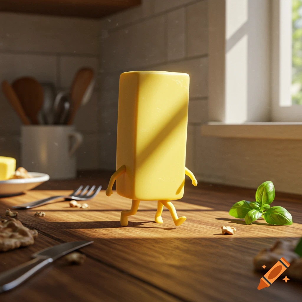 A stick of butter with small arms and legs walks across a wooden kitchen counter in a sunlit room.