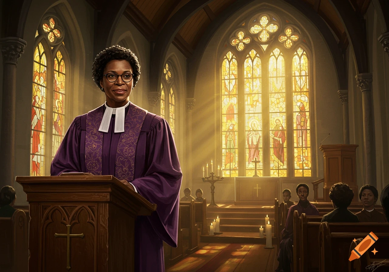 A black female pastor stands at a wooden pulpit in a sunlit church with stained-glass windows in this illustrative image.