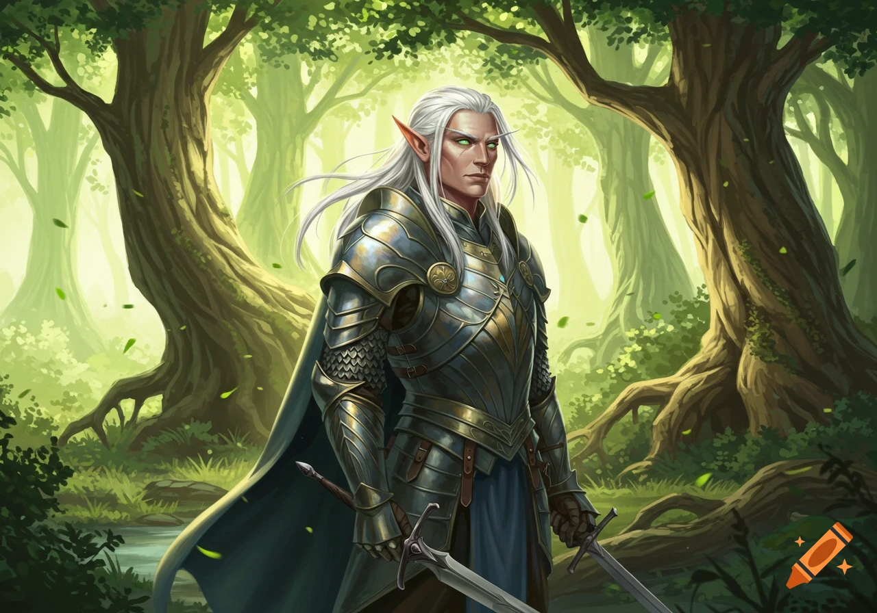 An elf warrior with long white hair and green eyes stands in armor holding two swords in a sun-dappled forest.