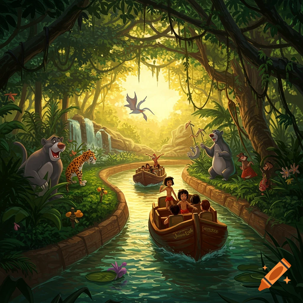 A cartoon illustration of a Jungle Book themed water ride with boats carrying people, passing by Baloo, a leopard, and other jungle animals in a lush, sunlit jungle.
